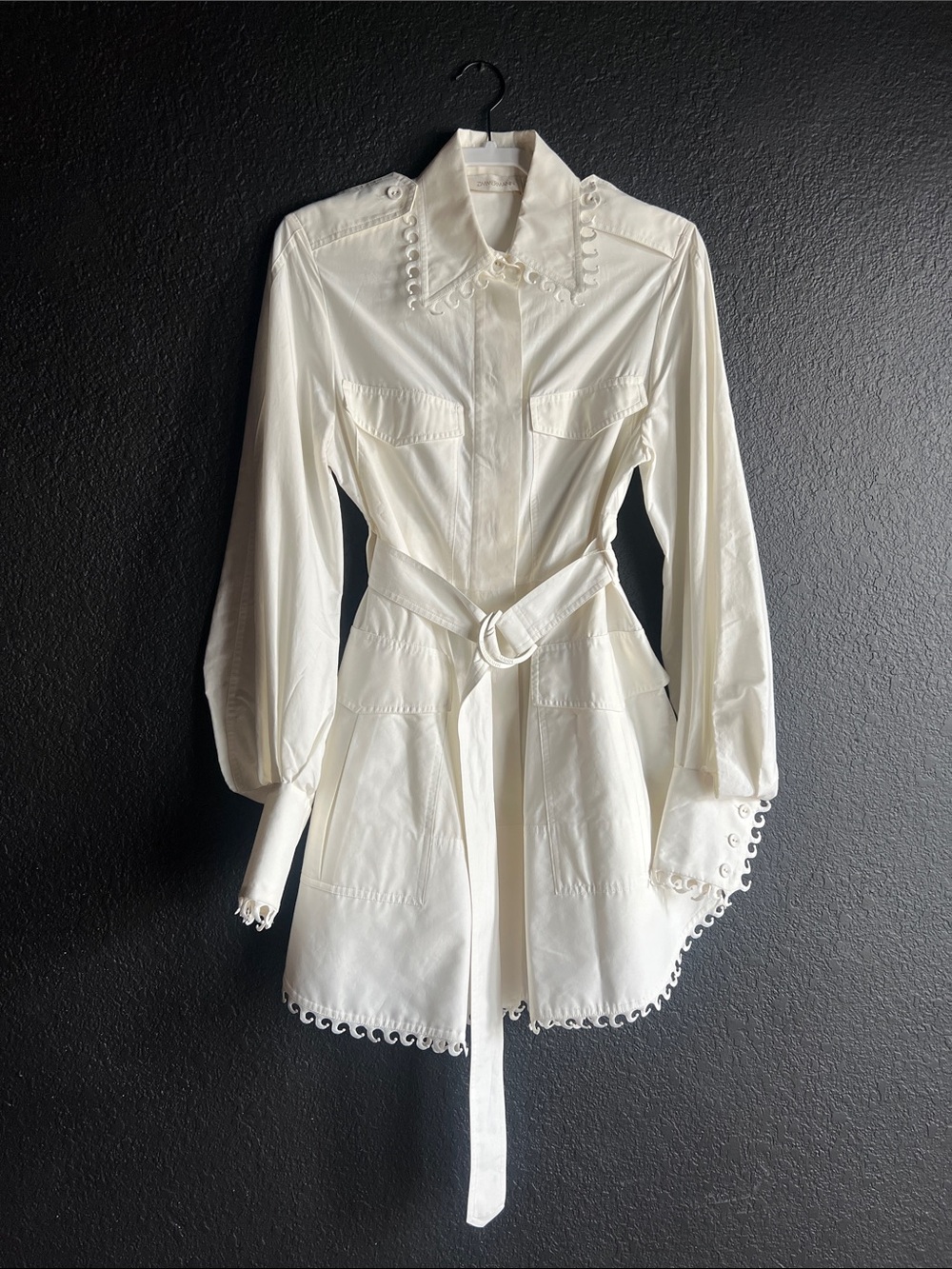 Zimmermann White Belted Wave Eyelet-Trim Shirt Dress